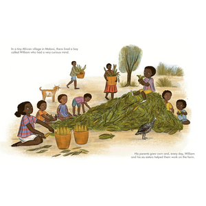 Illustration of children working on a farm with corn, set in an African village.
