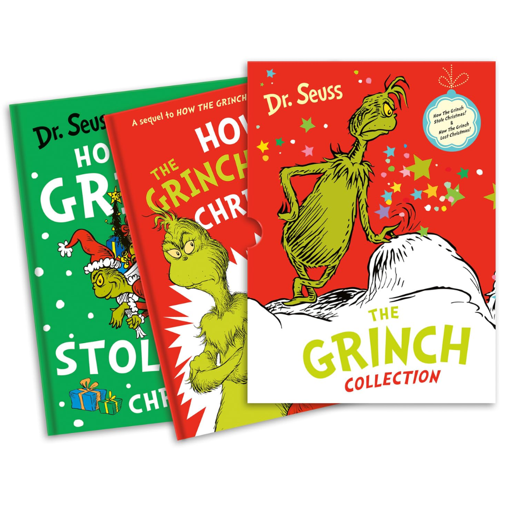Three Dr. Seuss books featuring 'How the Grinch Stole Christmas' on a white background