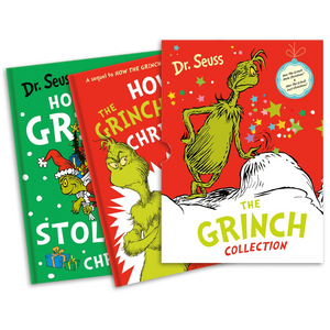Three Dr. Seuss books featuring 'How the Grinch Stole Christmas' on a white background