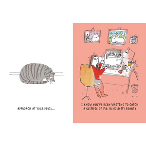Cartoon of a person in a red coat looking at a cat through a window, with text on a pink background.