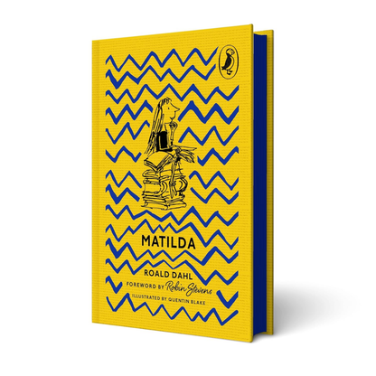 Book cover of 'Matilda' by Roald Dahl with yellow background and blue zigzag pattern