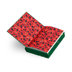 Red patterned box with green base on a white background
