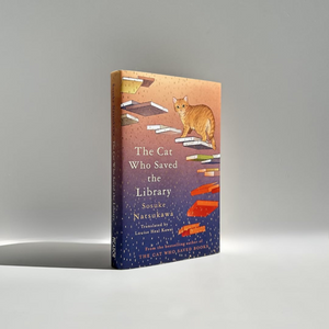 Book titled 'The Cat Who Saved the Library' with a cat illustration on the cover against a gray background
