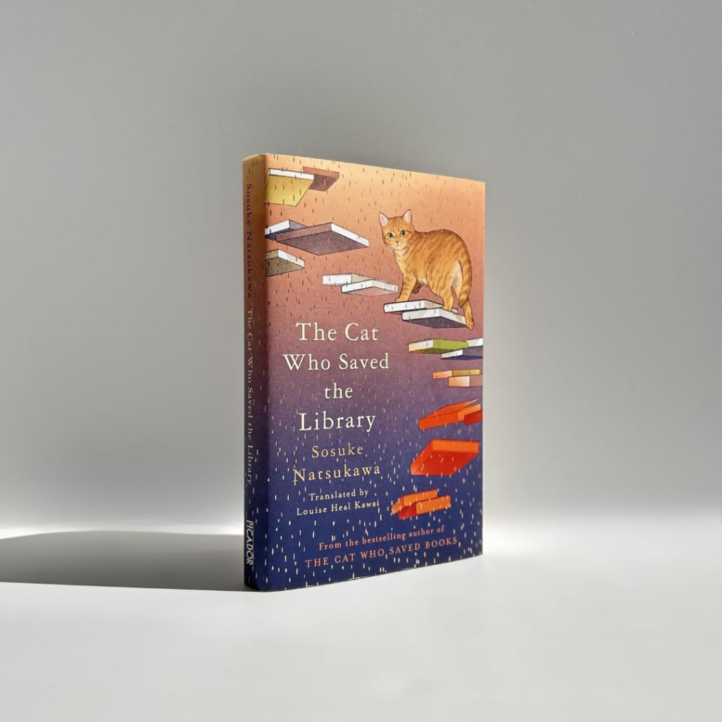 Book titled 'The Cat Who Saved the Library' with a cat illustration on the cover against a gray background