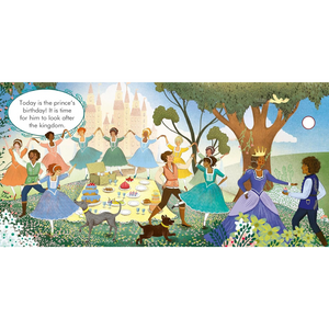 Illustration of a prince's birthday celebration with people dancing and a castle in the background.