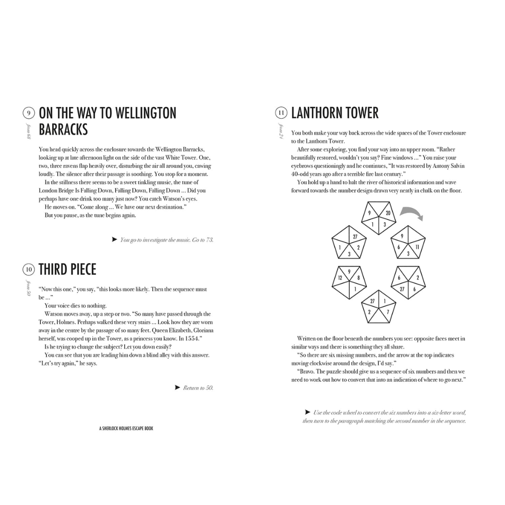 Pages from a book or game manual with text and diagrams on a white background