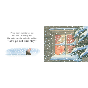 Illustration of a snowy scene with a mole looking out of a window, text on the left.