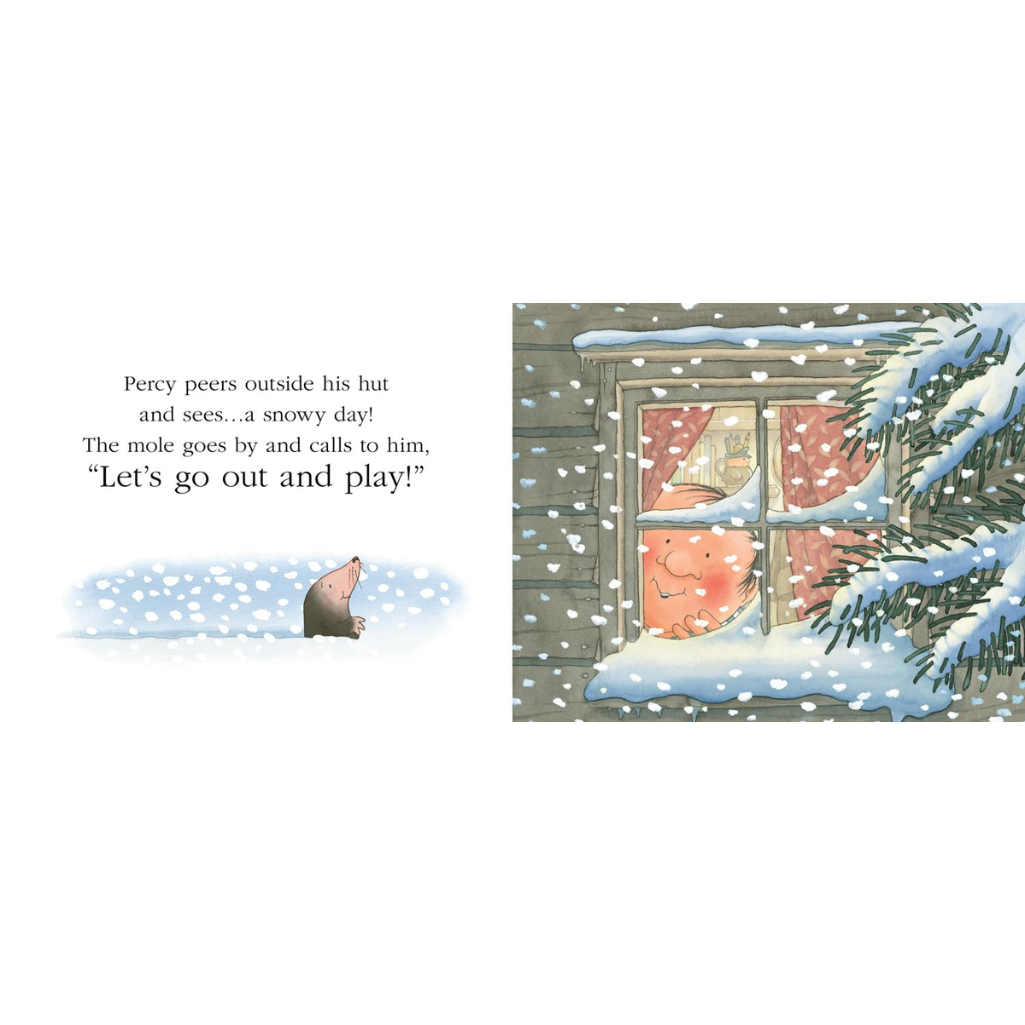 Illustration of a snowy scene with a mole looking out of a window, text on the left.