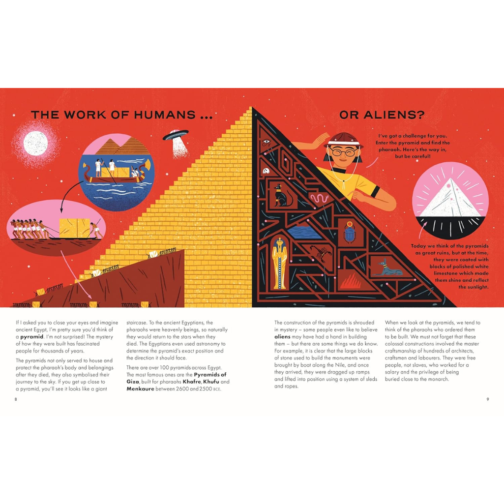 Illustration of a pyramid with various symbols and text on a red background