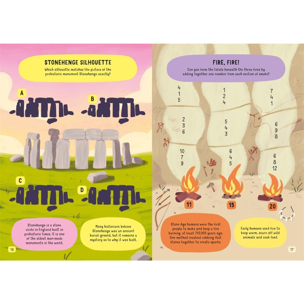 Educational illustration of Stonehenge with silhouettes and fire-related text on a pink and beige background.