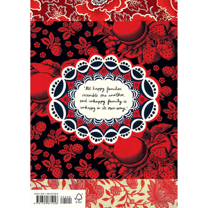 Decorative book cover with red and black floral patterns and a central quote.