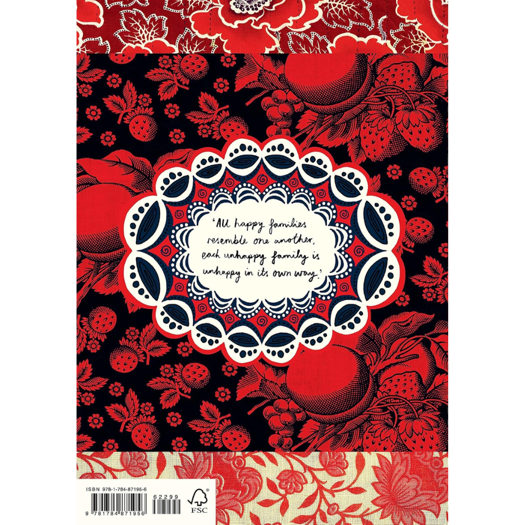 Decorative book cover with red and black floral patterns and a central quote.