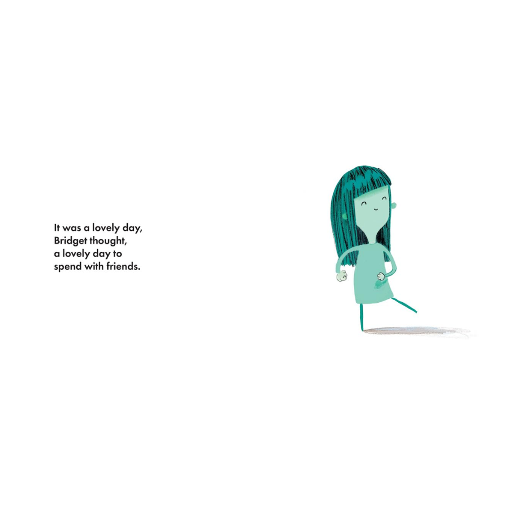 Cartoon character with green hair and outfit standing on a white background with text.
