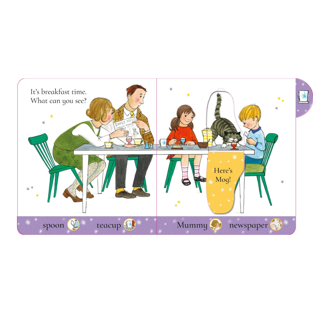 Illustration of a family at breakfast with a cat, featuring interactive elements like text and objects.