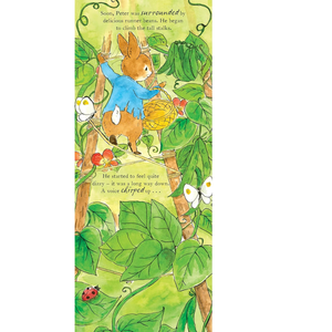 Illustration of a character climbing a beanstalk with green leaves and flowers on a white background