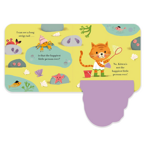 Children's book with a cat character and sea-themed illustrations on a yellow background