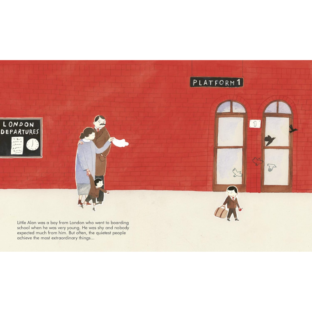 Illustration of a red brick wall with 'Platform 1' sign, people walking, and text about a boy named Alan from London.