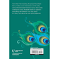 Book back cover with peacock feather design and text on a teal background