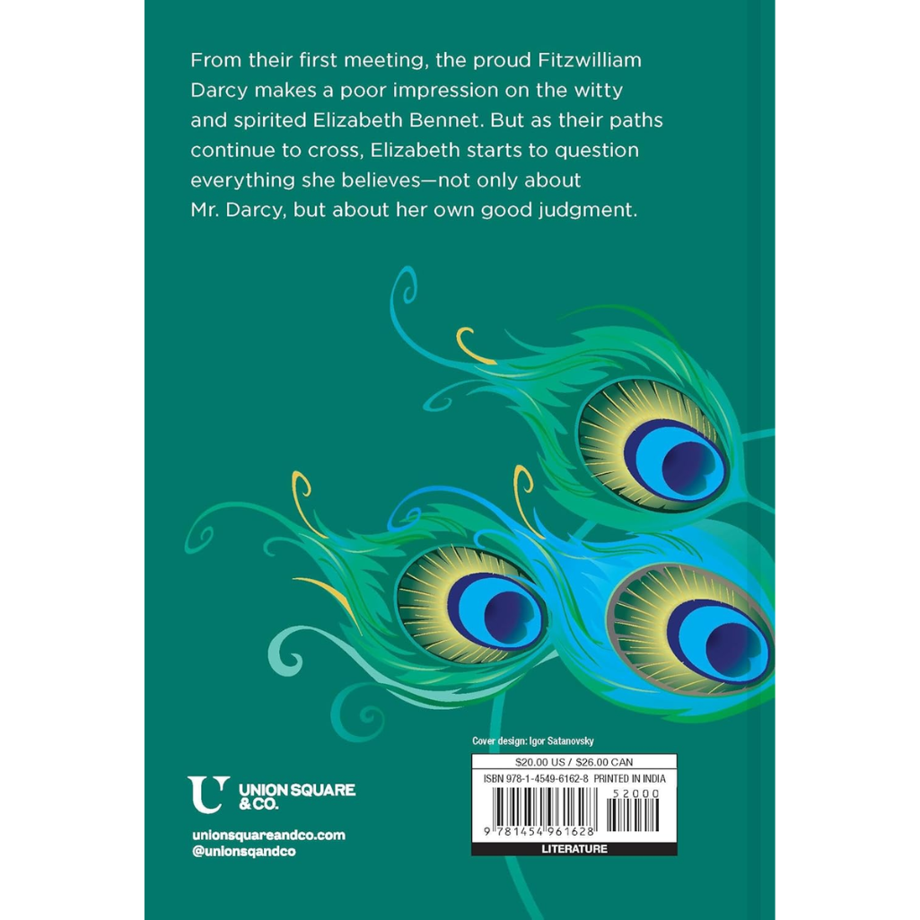 Book back cover with peacock feather design and text on a teal background