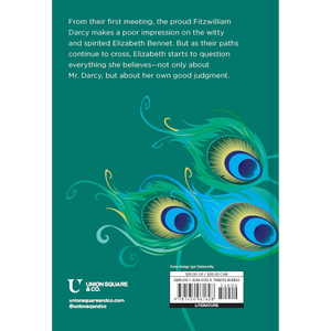 Book back cover with peacock feather design and text on a teal background