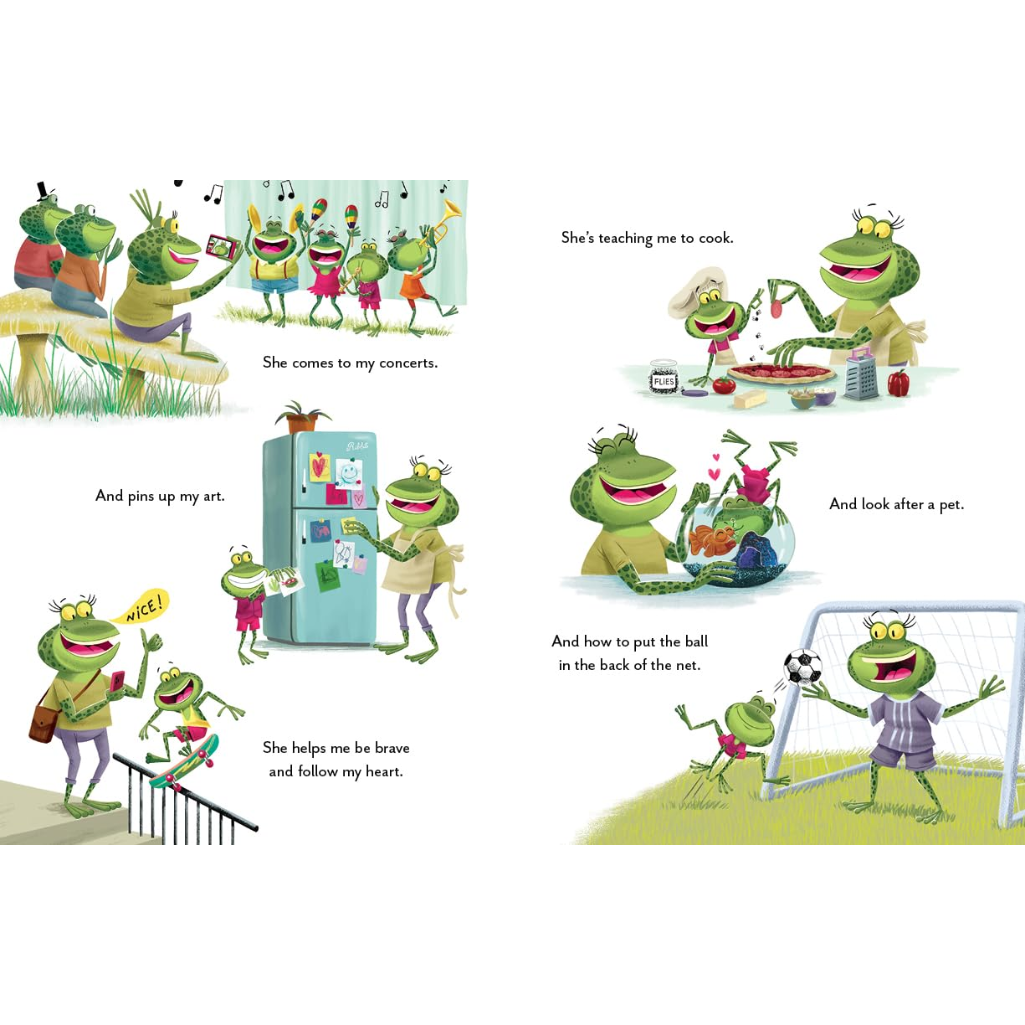 Illustrations of frogs in various activities with text on a white background