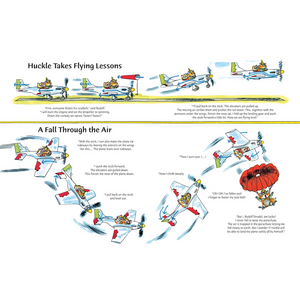 Illustrated sequence of a character taking flying lessons with airplanes and a parachute.