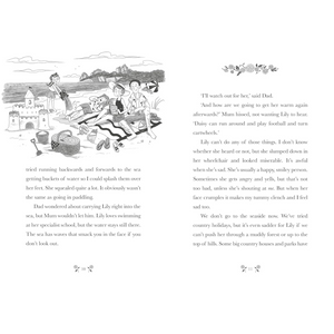 Illustrated page from a book with children playing at the beach and text on a white background.