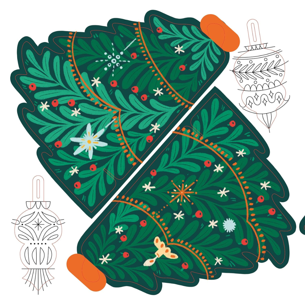 Two green Christmas tree-shaped coasters with decorative elements on a white background.