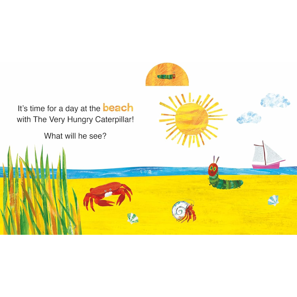Illustration of a beach scene with a caterpillar, sun, and sea creatures, featuring text about 'The Very Hungry Caterpillar'.
