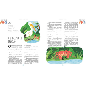 Illustrated book page with a pelican and crab on a white background