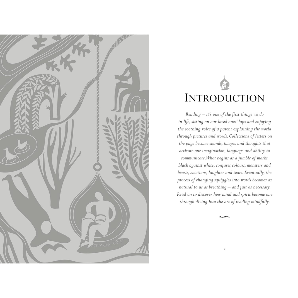 Book page with gray illustrations and text on a white background