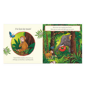 Illustrated book page with a monkey and elephant in a jungle setting