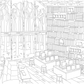Line drawing of a room with bookshelves, chairs, and a window.