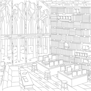 Line drawing of a room with bookshelves, chairs, and a window.