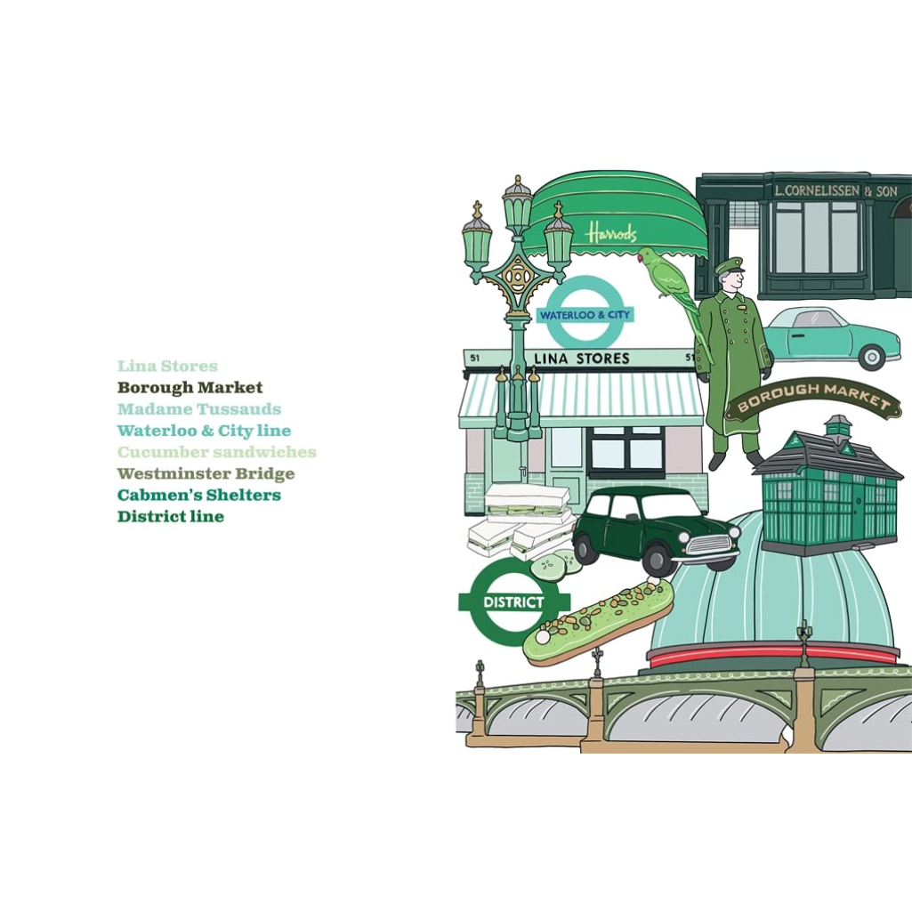 Illustrated collage of London landmarks and street scenes with text on a white background