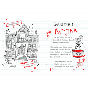 Illustrated page from a children's book with a school building, text, and a mouse character.