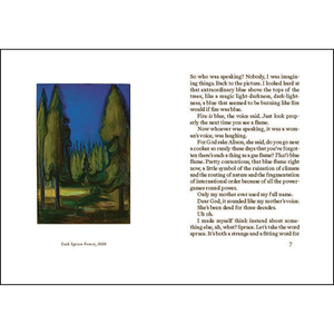 Page from a book with a painting of trees and text on a white background