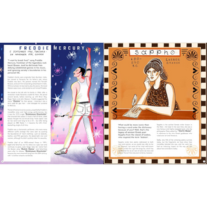 Illustrations of Freddie Mercury and Sappho with text on a white background