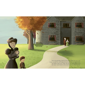 Illustration of a family in front of a house with text about J.R.R. Tolkien's early life.