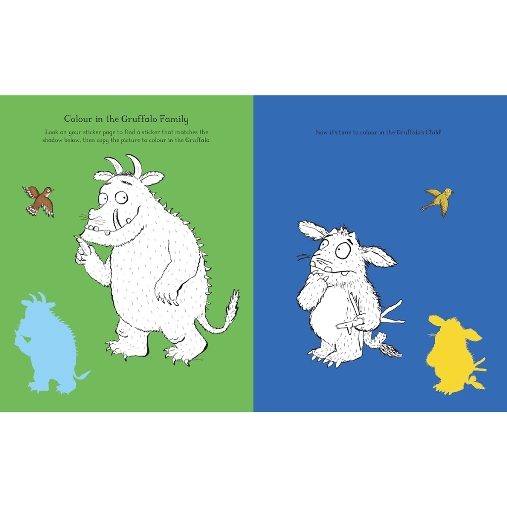 Coloring book page with illustrations of characters from 'The Gruffalo' on a green and blue background.