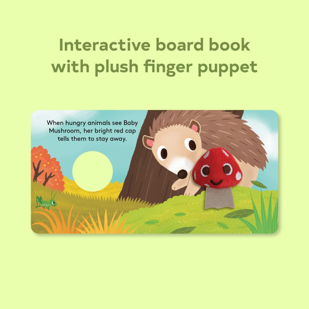 Interactive board book with plush finger puppet featuring a hedgehog and mushroom on a green background.
