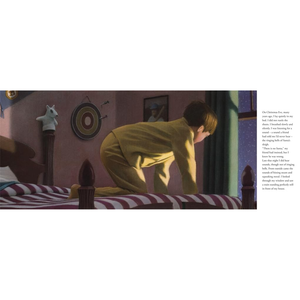 Illustration of a person in a yellow outfit bending over a bed in a room with a pink wall.