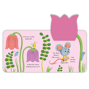 Children's book page with illustrations of a mouse, flower, and bee on a pink background