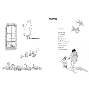 Illustrated book page with various scenes and text on a white background