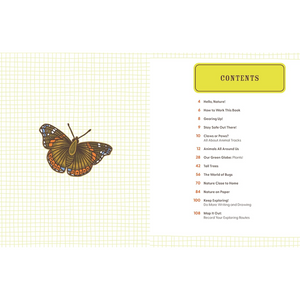 Contents page of a book with a butterfly illustration on a grid background