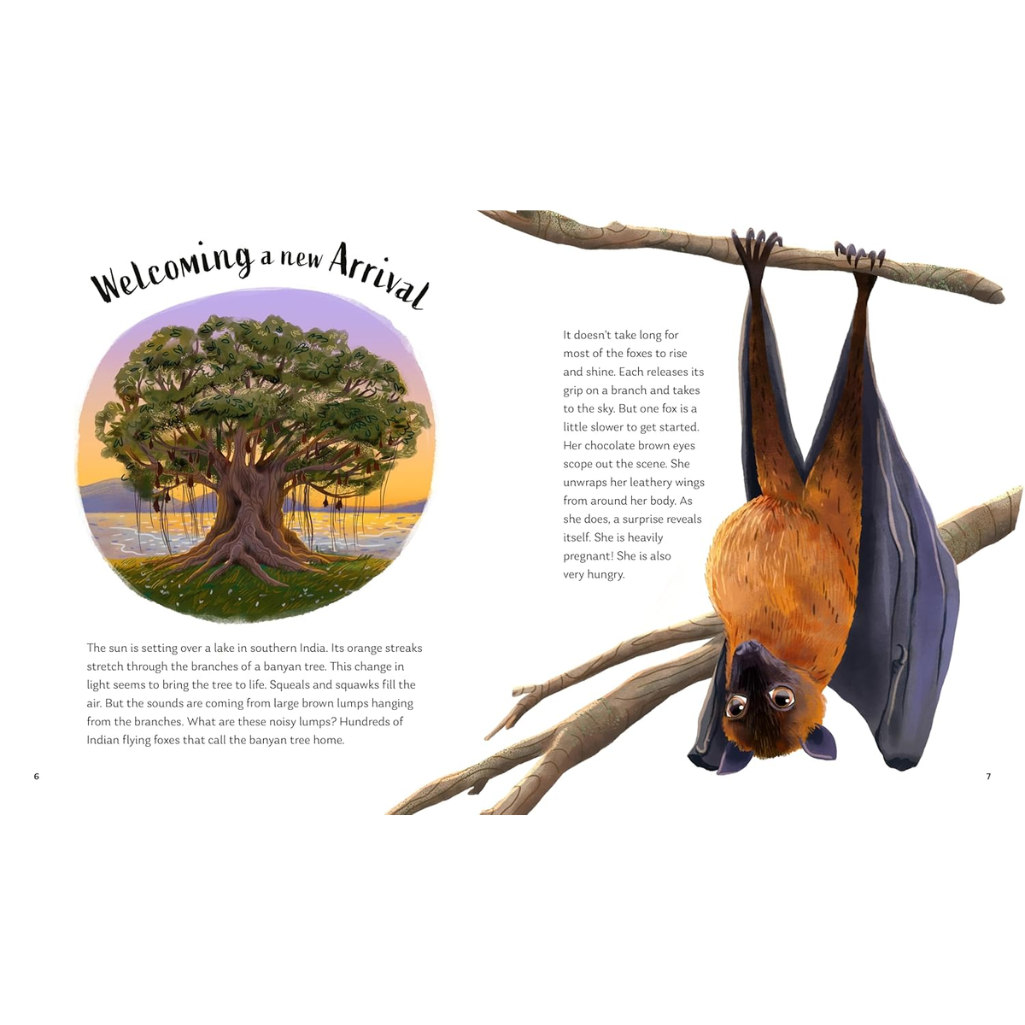 Illustration of a bat hanging from a branch with text and a tree in the corner.
