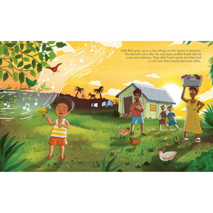 Illustration of a village scene with children and chickens, set against a bright yellow sky.