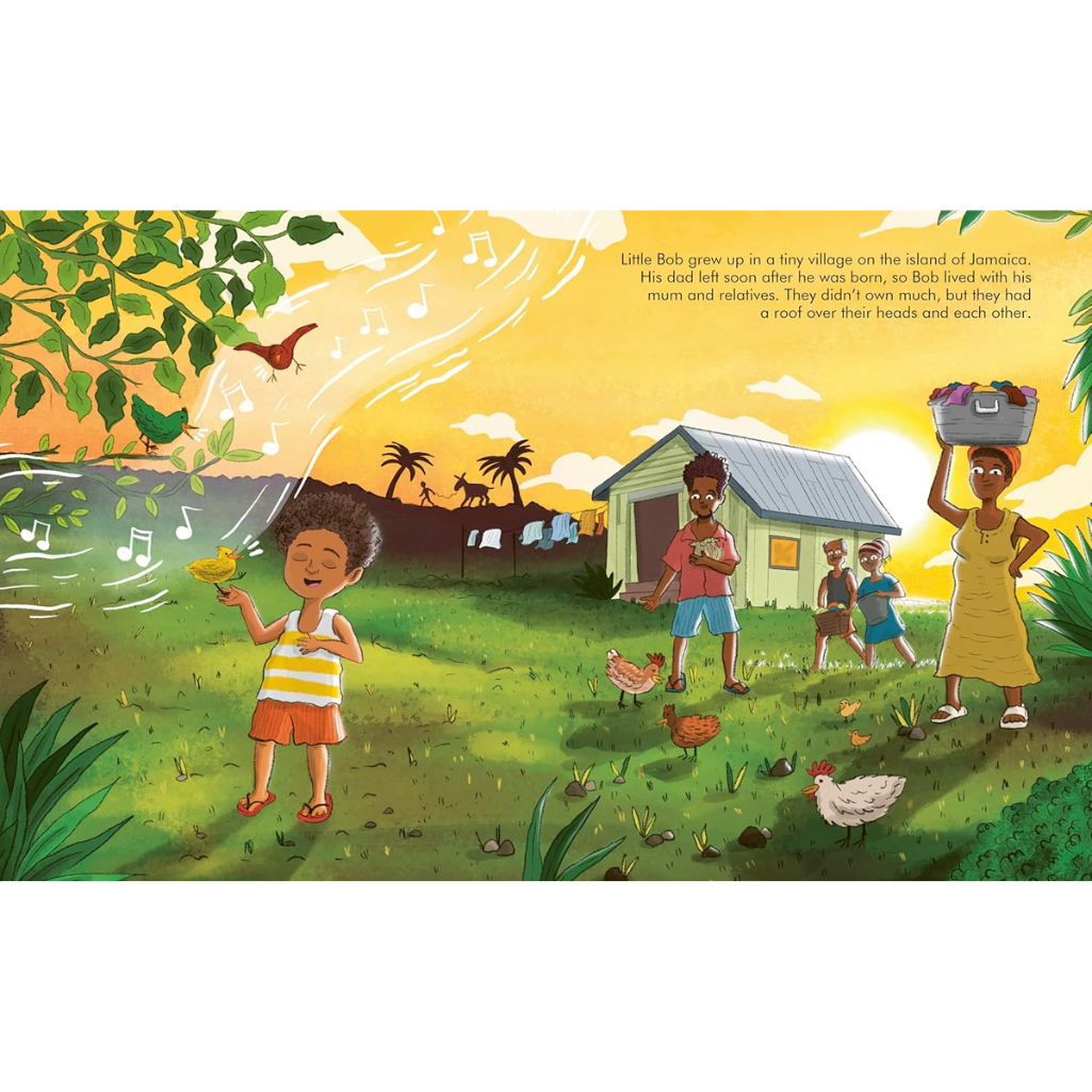 Illustration of a village scene with children and chickens, set against a bright yellow sky.