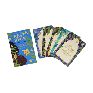 Colorful 'Rest Deck' cards with a blue box on a white background