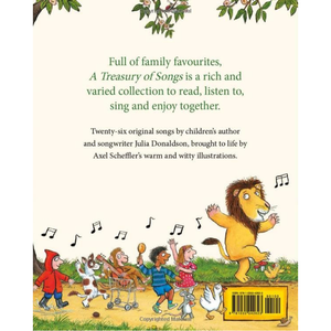 Book cover with cartoon lion and children, text about a Treasury of Songs book.